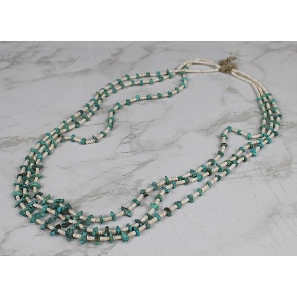 Vintage Navajo Turquoise Nugget and Coral 3 Strand Necklace - Picture 3 of 7